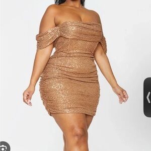 Mocha Sparkling Off Shoulder Sequin Dress